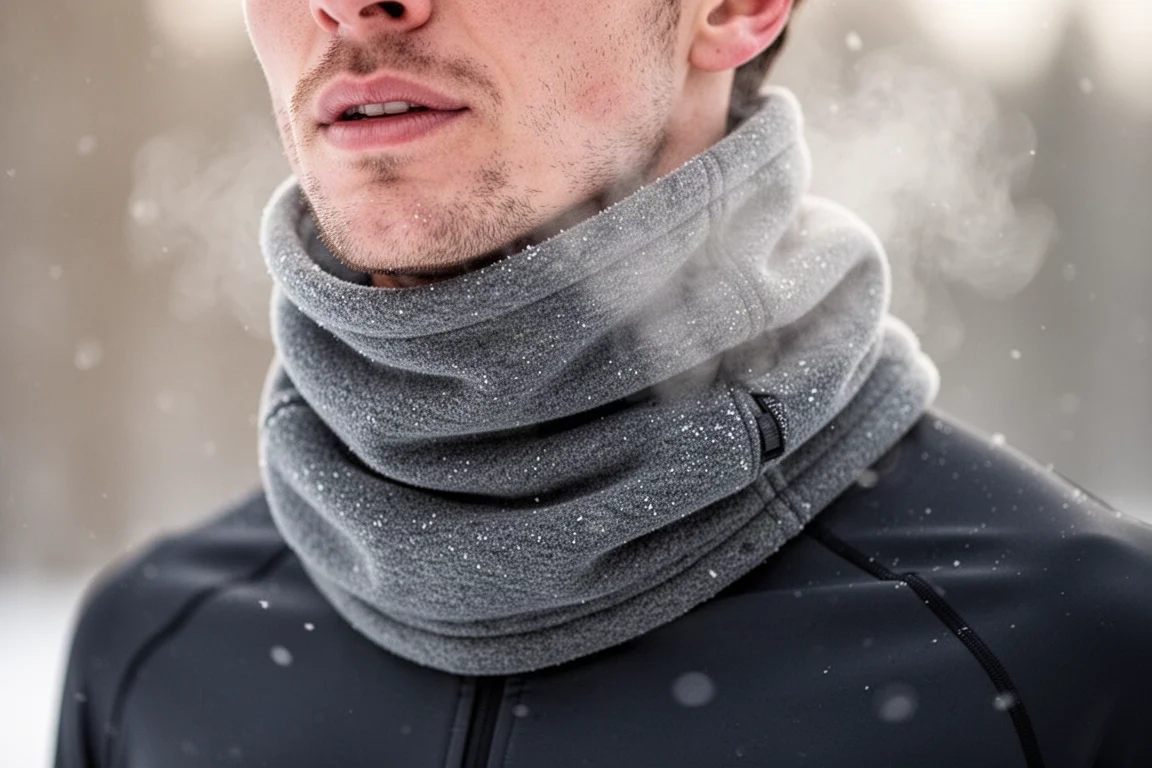 Close-up of a runner's neck wrapped in a fleece-lined neck gator on a cold winter run