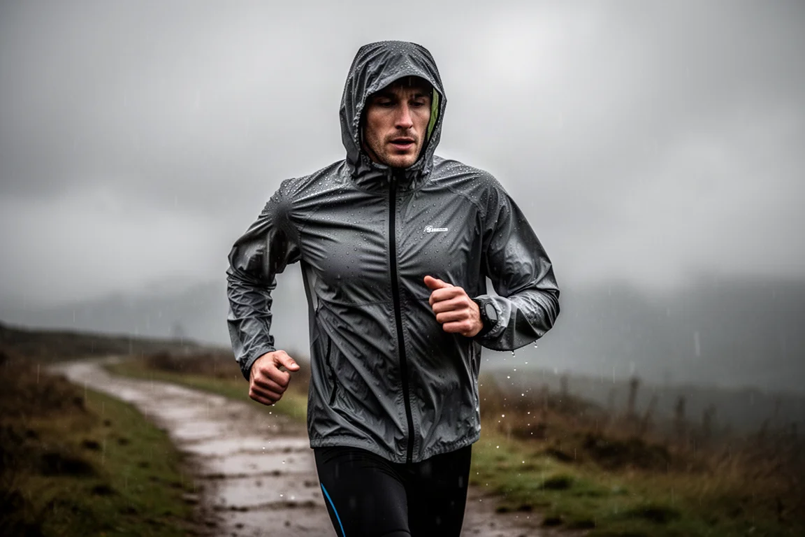 Runner in a lightweight waterproof jacket on a rain-soaked trail in heavy grey weather