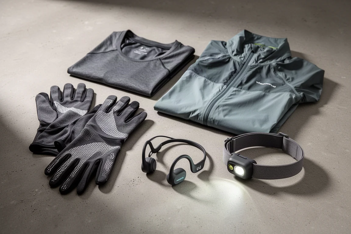 Flat-lay of winter running gear including gloves, jacket, headphones and a headlamp on concrete