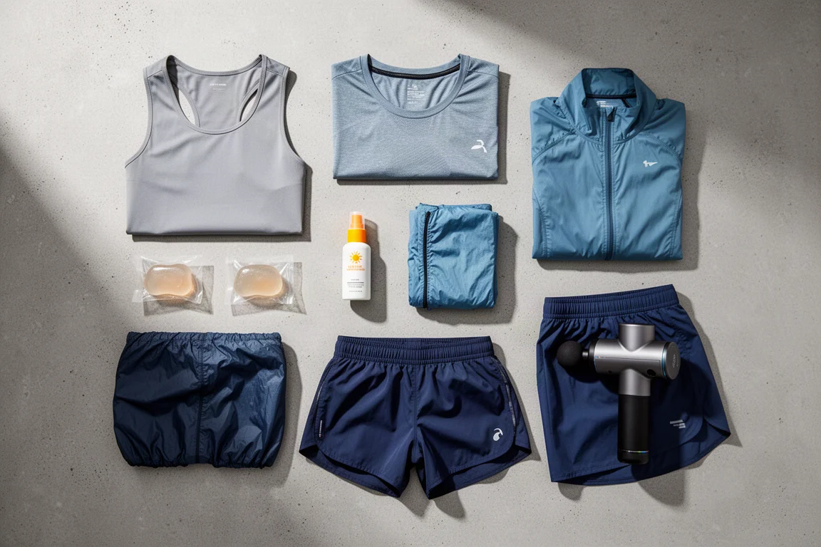 Flat-lay of running gear including a vest, t-shirt, shorts, jacket, sunscreen and massage gun on concrete