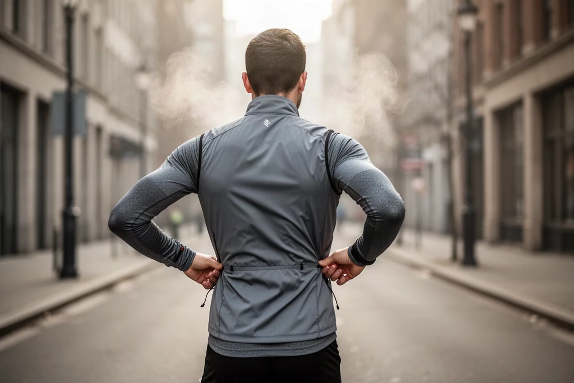 Runner layering a vest over a base layer on a cool morning street