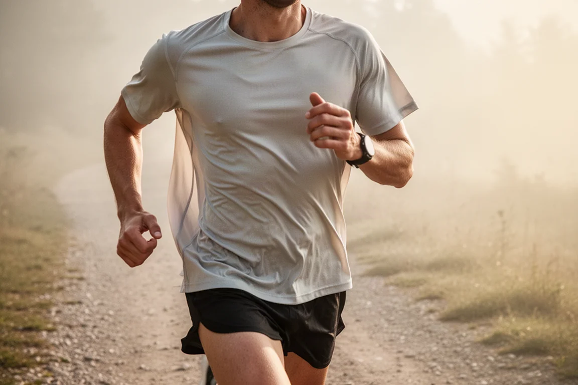 Thin breathable running t-shirt in motion on a sunny trail