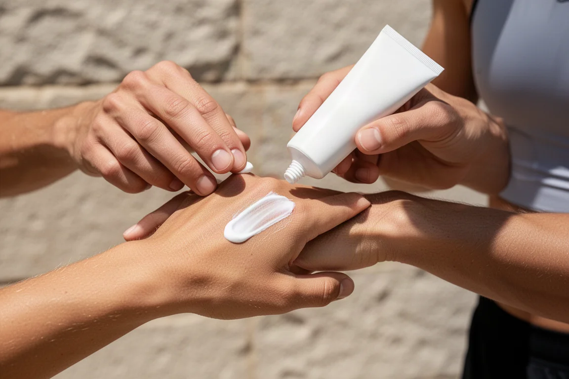 Runner applying moisturizer to face outdoors in bright sunlight