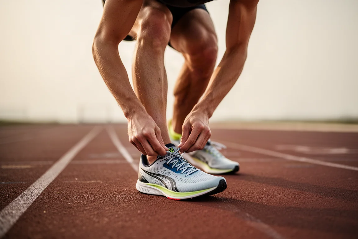 Runner tightening the laces of racing shoes before a fast session