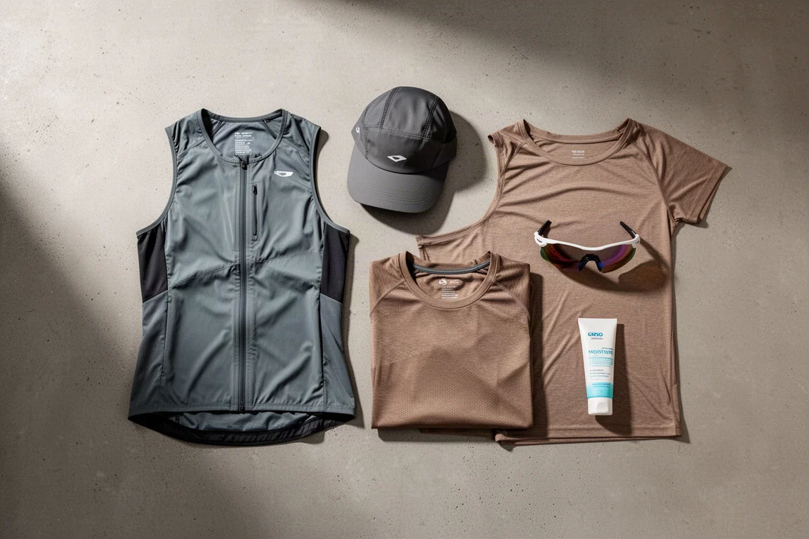 Flat-lay of running gear including vest, cap, t-shirt, sunglasses and moisturizer on concrete