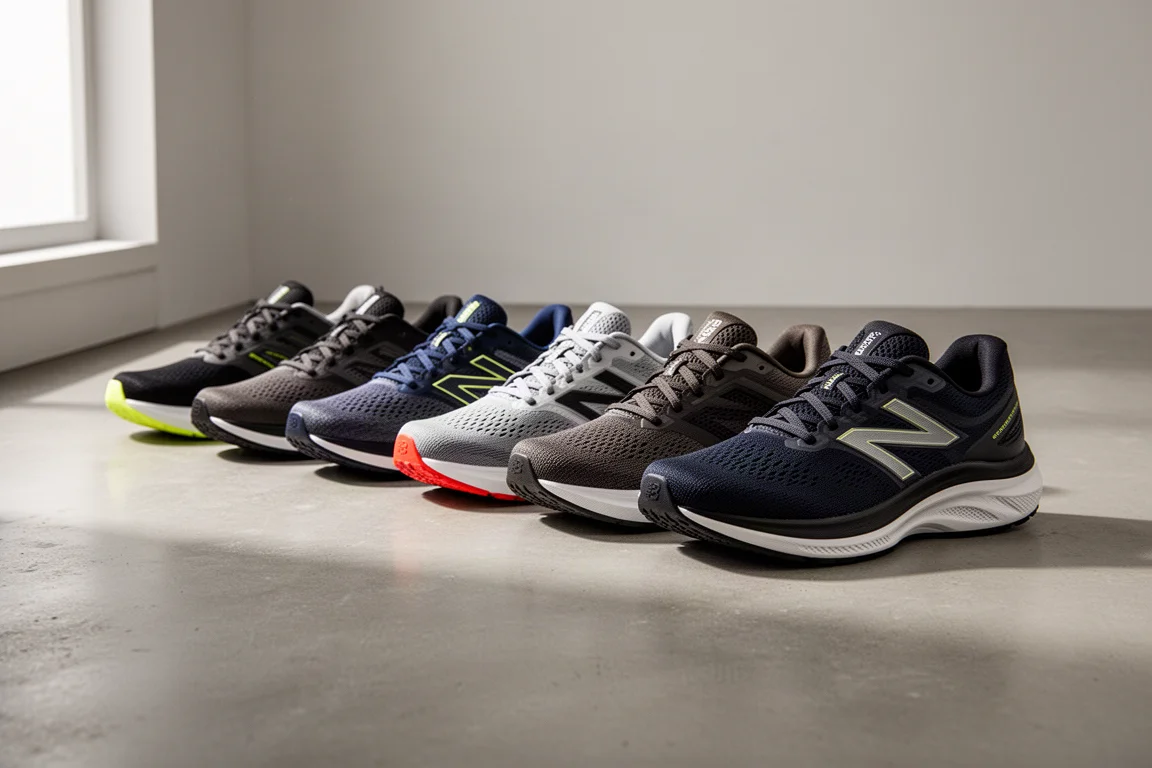 Lineup of modern running shoes on a concrete floor