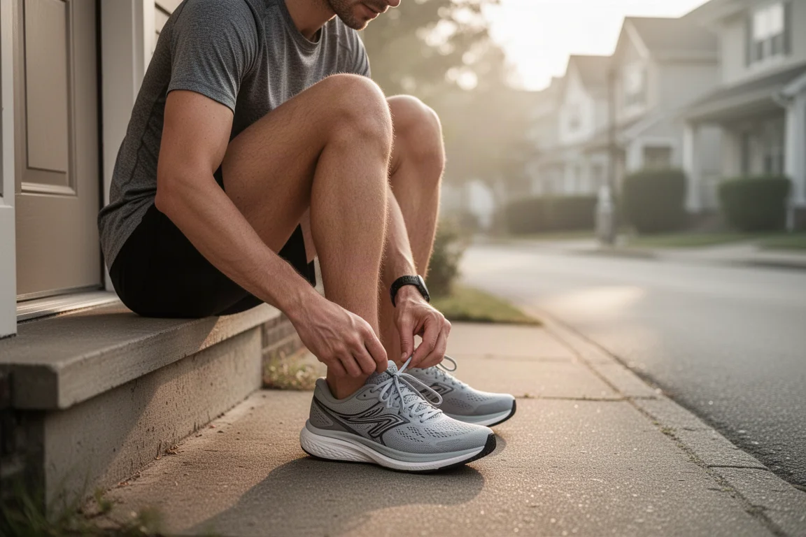 Un coureur attachant ses chaussures de running sur le pas d'une porte à la lumière du petit matin