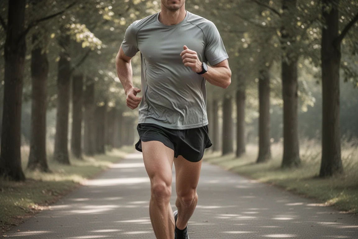 Un coureur en pleine foulée sur un chemin bordé d'arbres, vêtu d'un équipement respirant