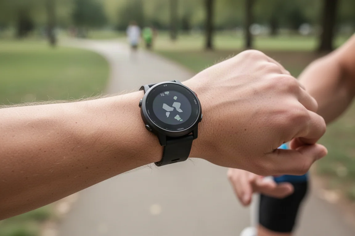 Gros plan sur un coureur consultant ses données d'allure sur une montre GPS de sport