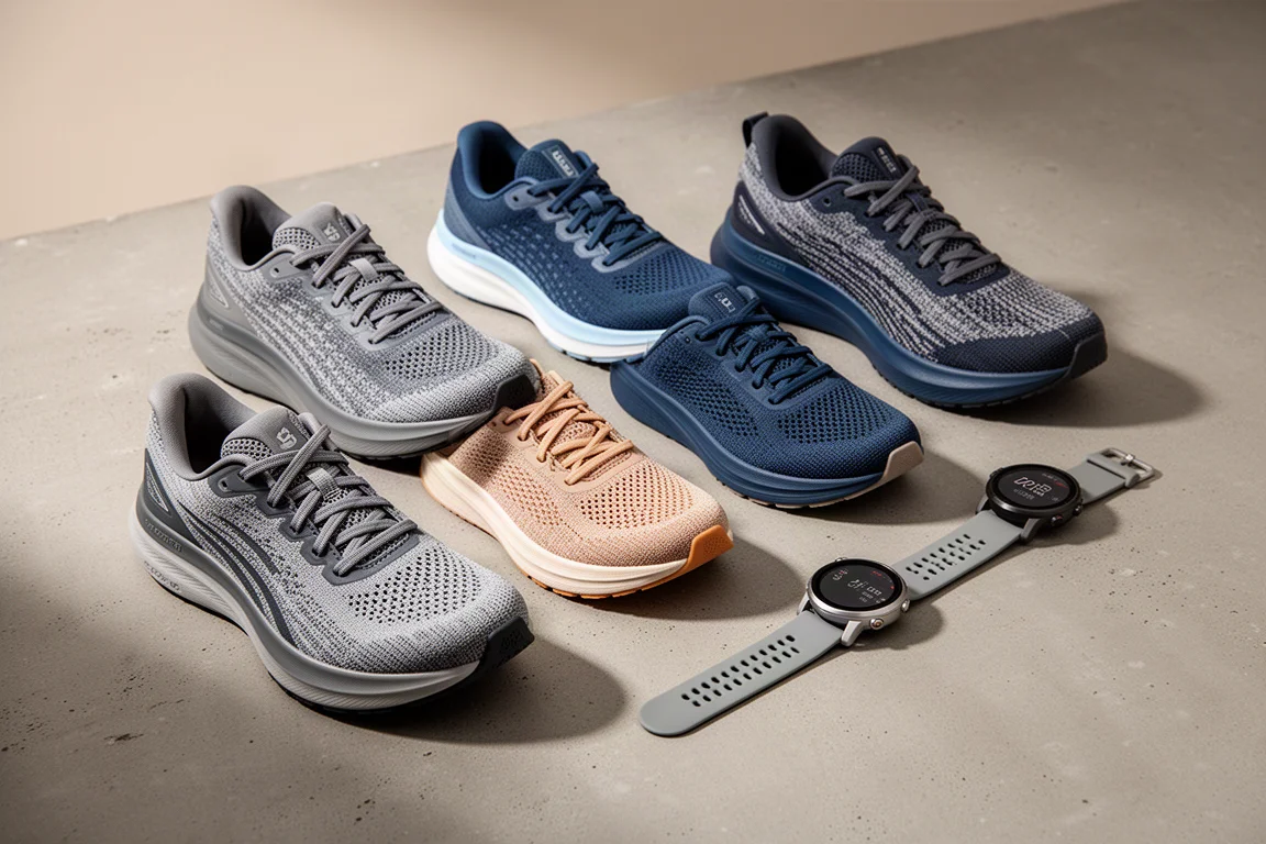 Scarpe da corsa e orologi GPS disposti su una superficie di cemento