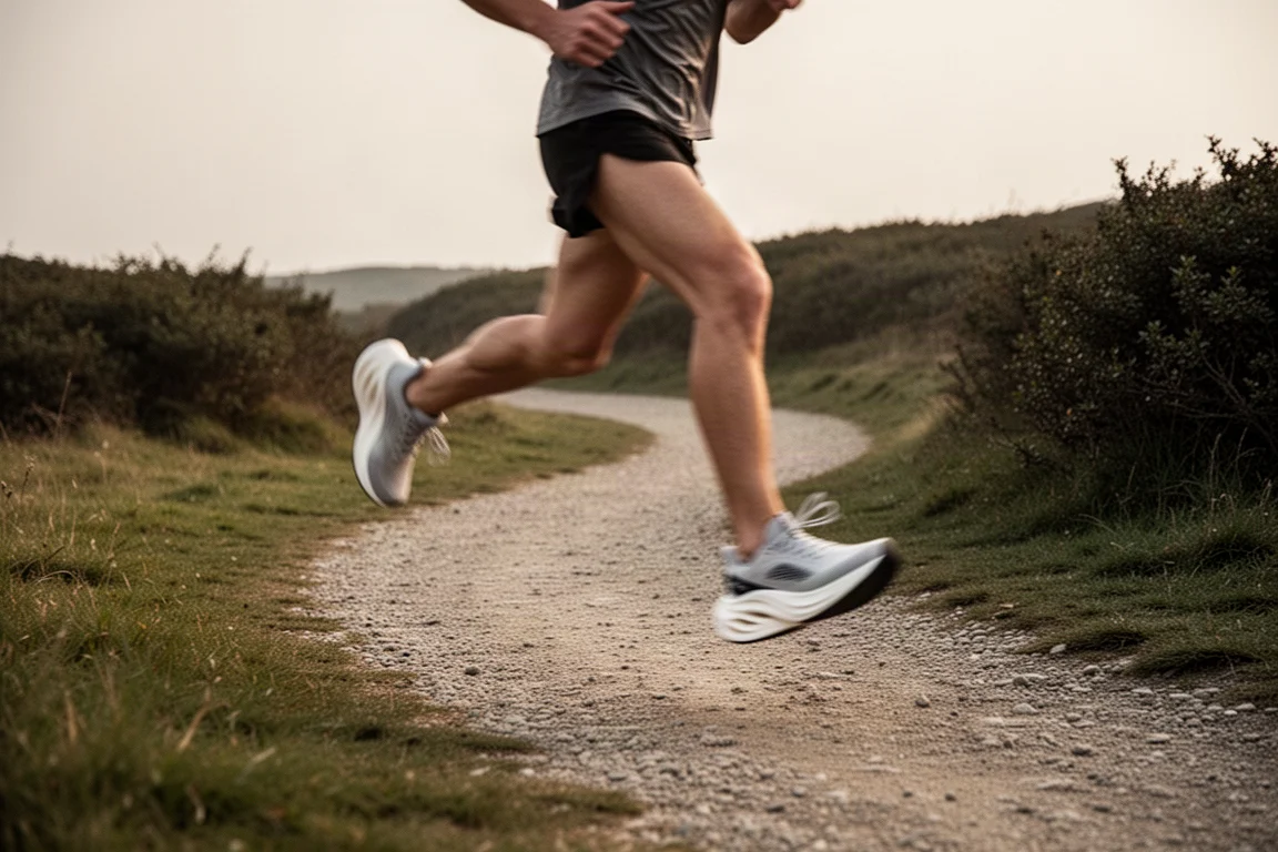 Hardloper die over glooiende trails gaat met een allround trainschoen met hoge zool