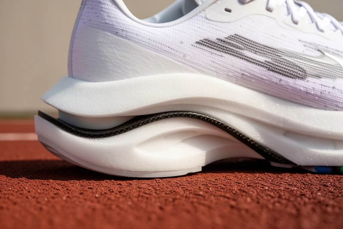 Close-up van de tussenzool van een raceschoen met carbonplaat op een atletiekbaan