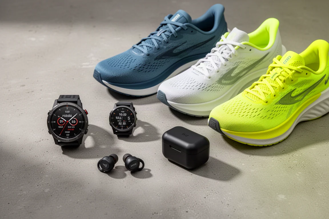 Flat-lay of running watches, wireless earbuds and high-stack running shoes on concrete