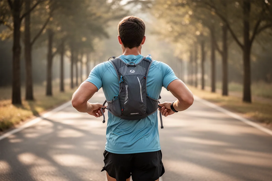 Runner adjusting a hydration vest on a warm sunny road run