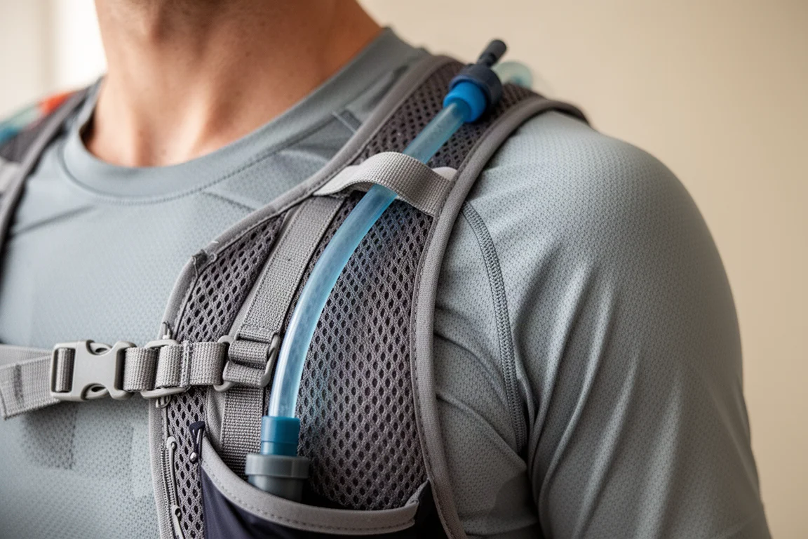 Close-up of hydration vest straps over a runner's shoulders