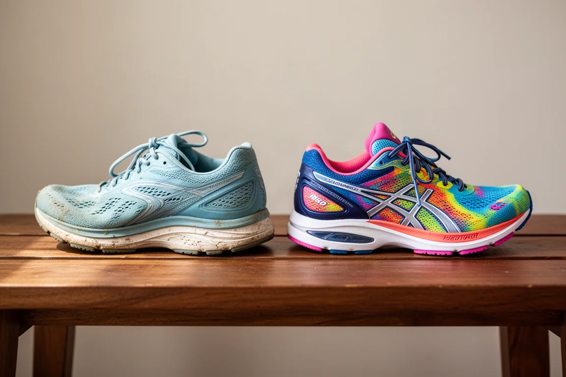 Two generations of running shoes side by side on a wooden bench