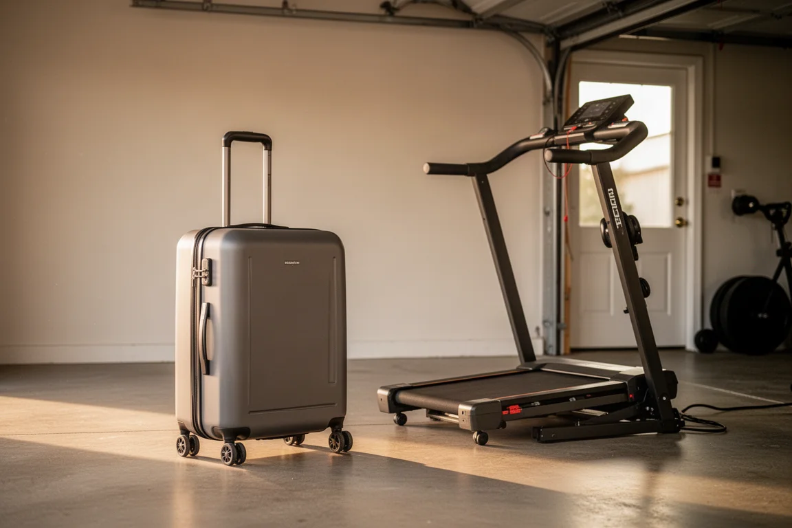 Rolling suitcase standing beside a treadmill in a garage gym