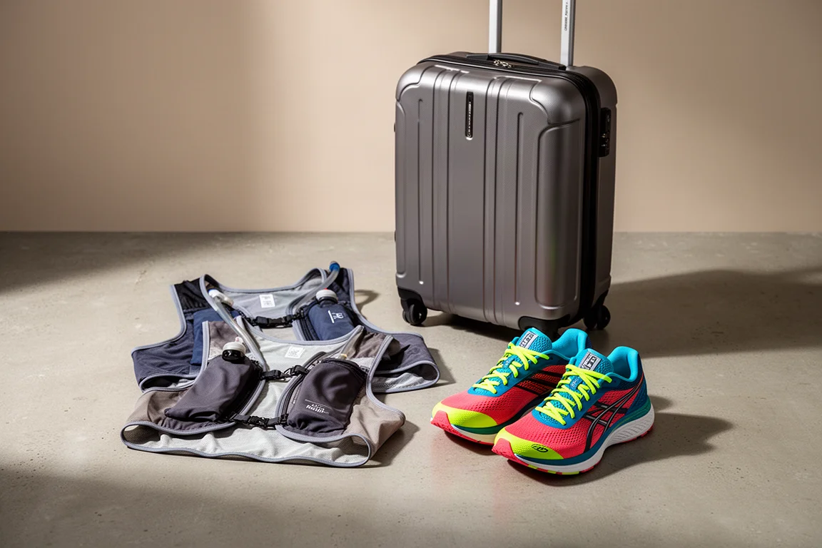 Zaini da running, scarpe da running colorate e una valigia trolley disposti su cemento