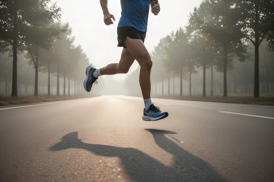 Runner settling into a relaxed long run on an open road in soft morning light