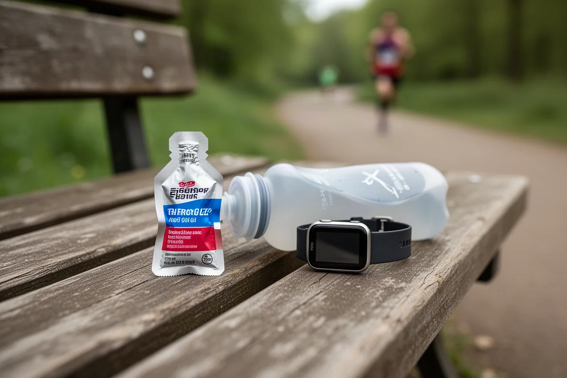 Energy gel sachet and running water bottle on a park bench beside a GPS watch