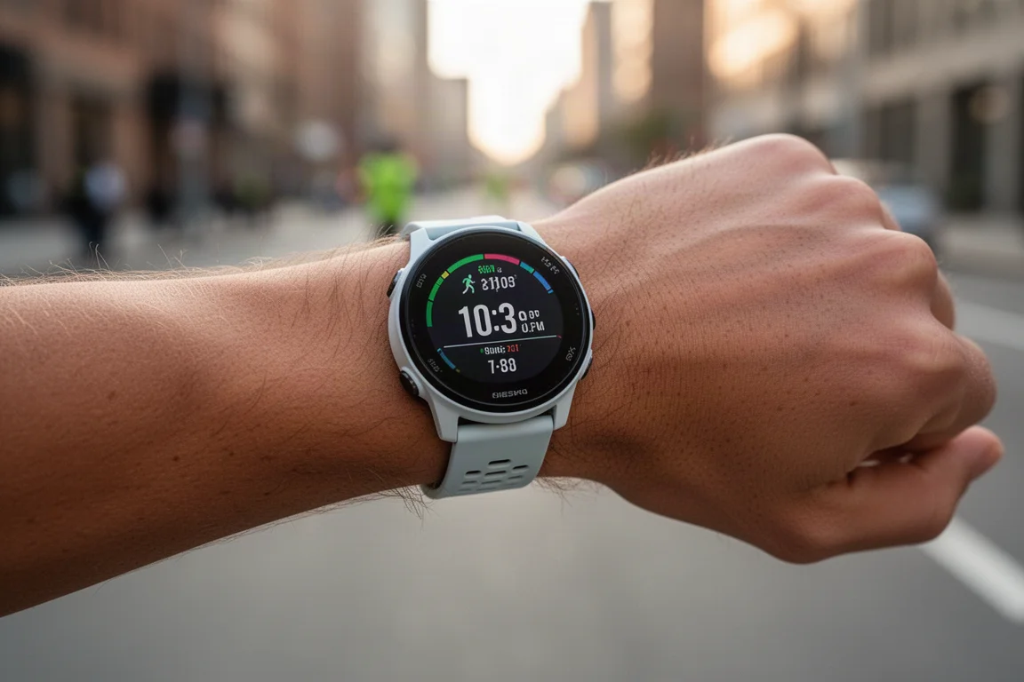 Runner checking pace and heart rate on a bright sports watch screen mid-workout