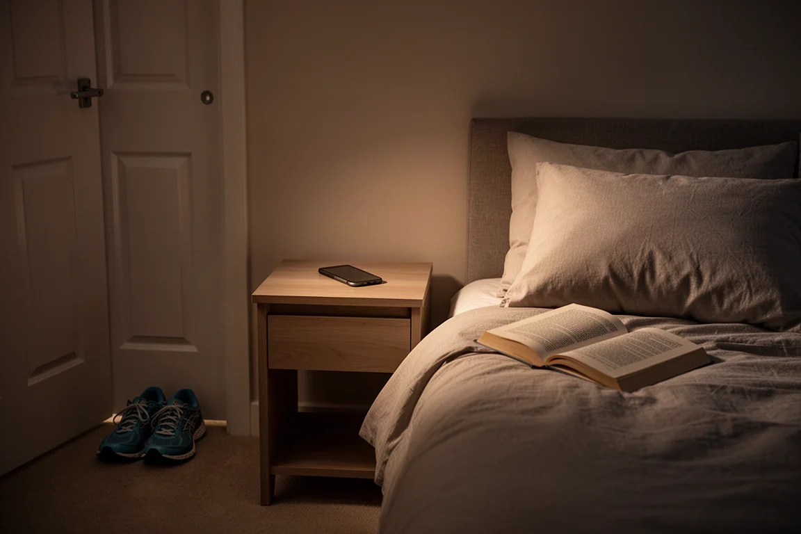 Runner stretching and winding down before bed with a book in warm low light