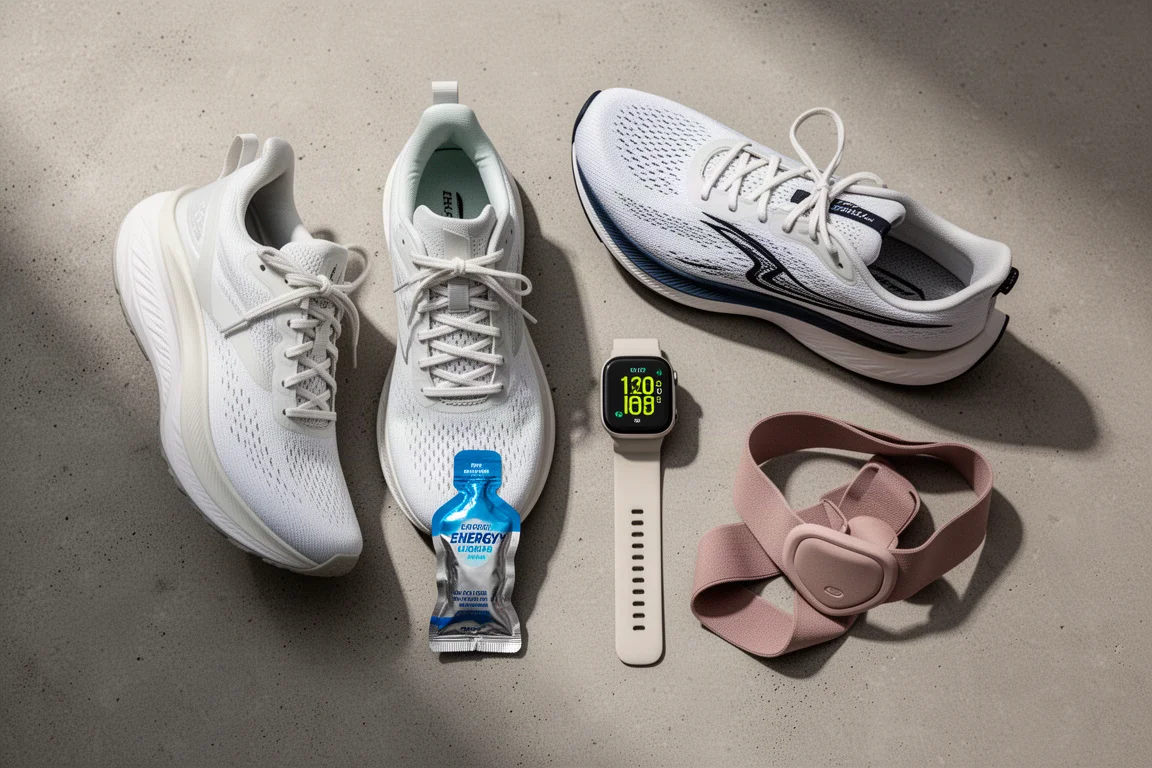 Flat-lay of running shoes, energy gel, sports watch, and heart rate strap on concrete