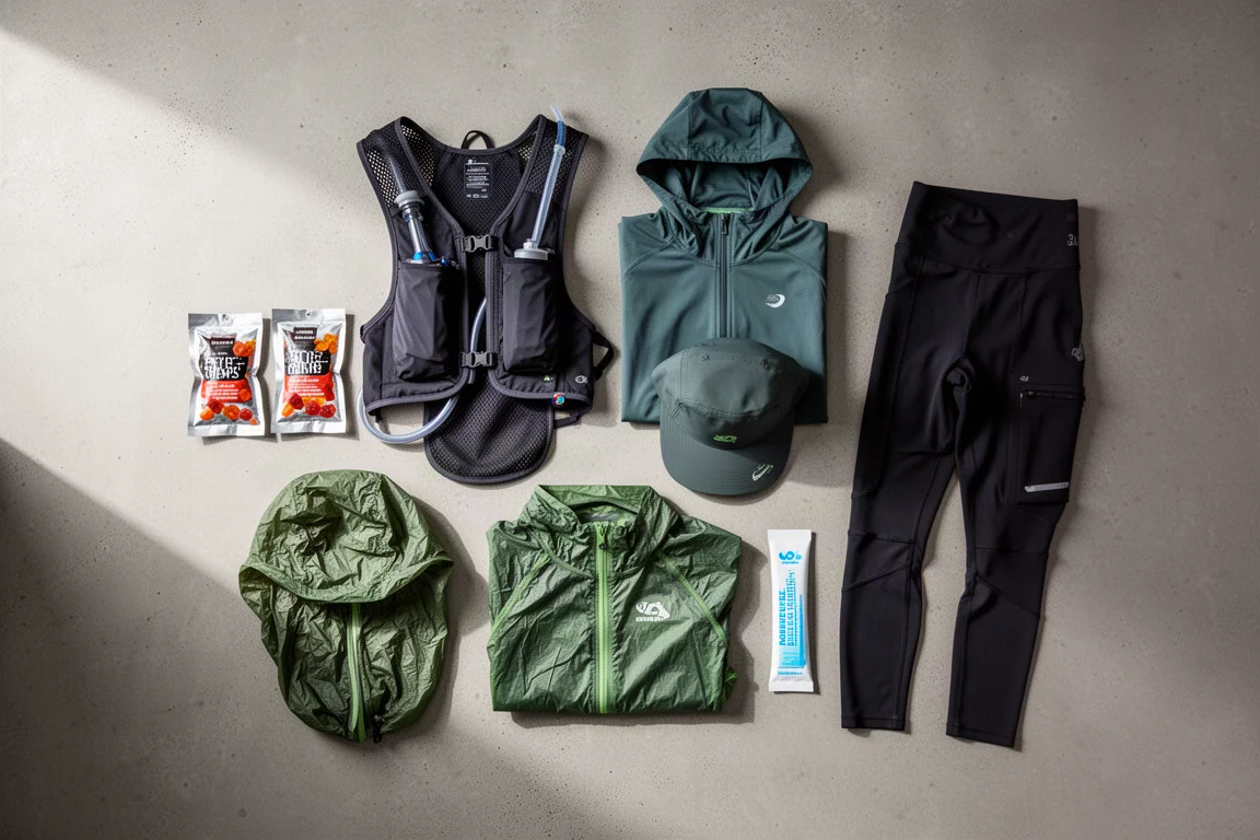Flat-lay of autumn running gear including a hydration vest, hoodies, a packable jacket, chews, and compression shorts