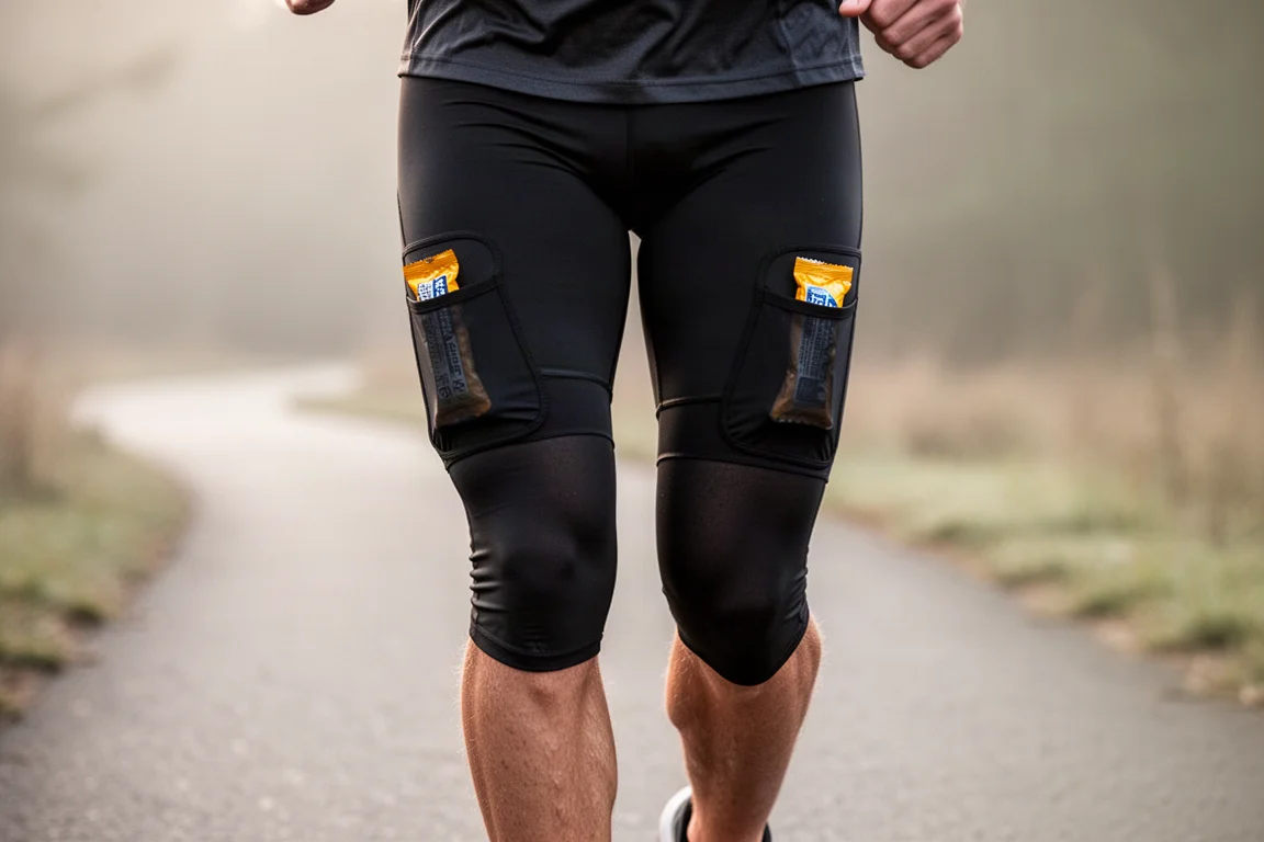 Runner carrying gels and a phone in thigh pockets of half tights on a long run