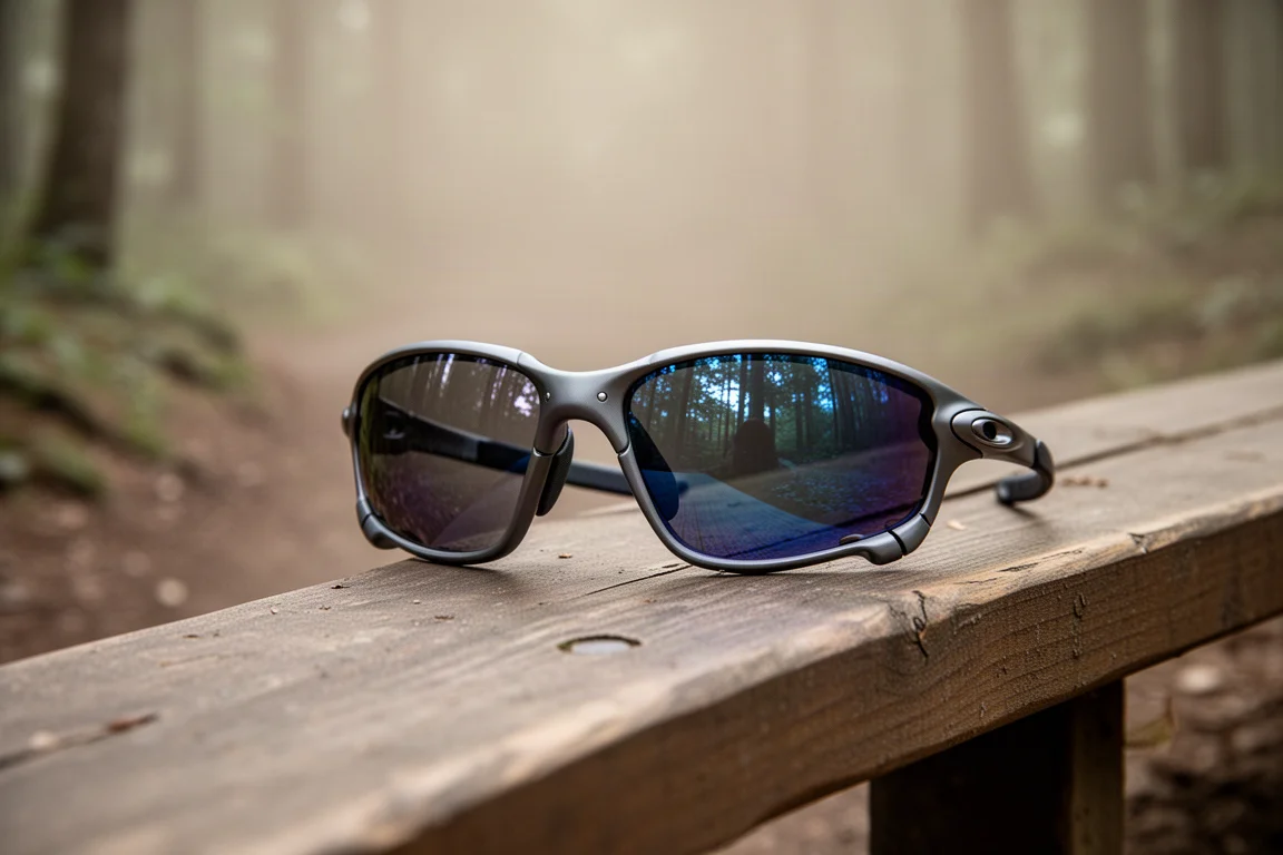 Photochromic running glasses transitioning from clear to dark blue under changing light