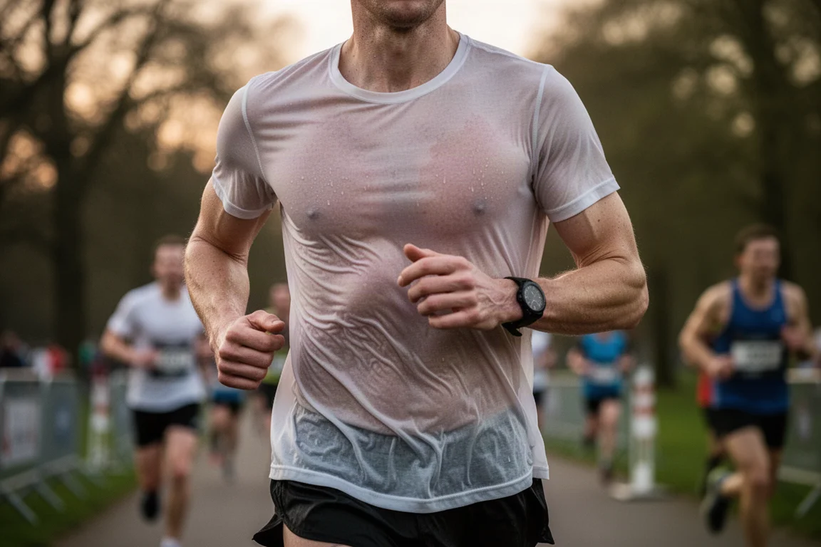 Runner in a thin lightweight t-shirt finishing a hard effort on a summer evening
