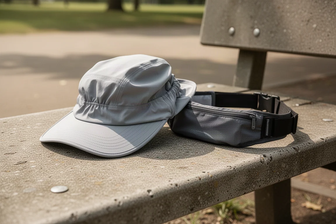 Foldable lightweight running cap scrunched up beside a hydration belt