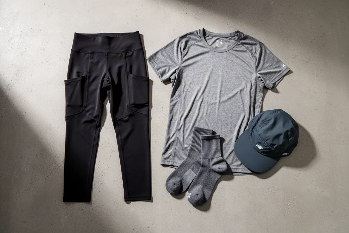 Flat-lay of running half tights, t-shirt, socks, and a cap on concrete
