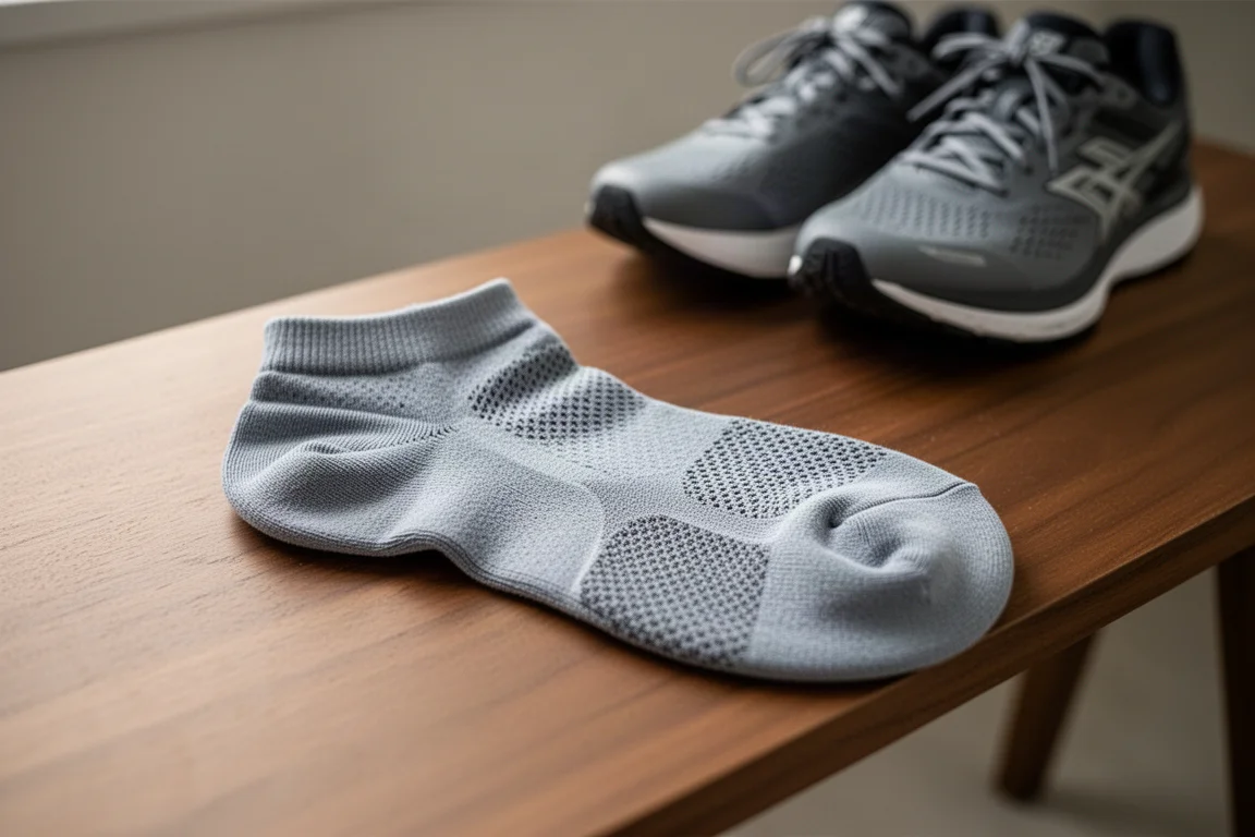Nahaufnahme eines gepolsterten Laufsocken auf einer Holzbank neben Laufschuhen