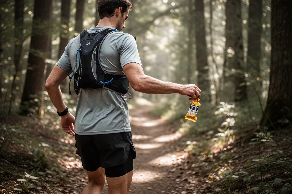 Läufer versorgt sich mit einem Energiegel während eines langen Trailruns