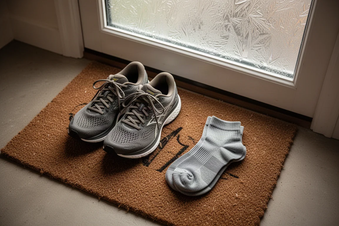 Läufer schnürt an einem klaren Herbstmorgen die Schuhe, layered Kit liegt ausgebreitet