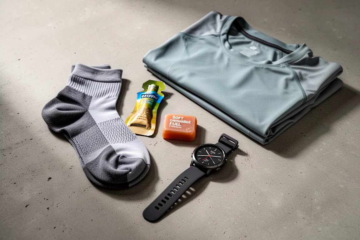 Flat-lay of running gear including socks, gel, fuel block, top, and sports watch