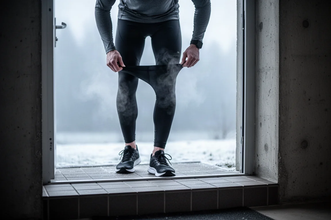 Un corridore si infila un paio di leggings da corsa neri alla porta di casa nella fredda luce del mattino
