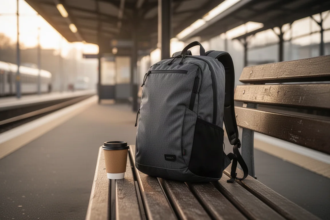 Zaino appoggiato su una panchina della piattaforma di una stazione all'alba