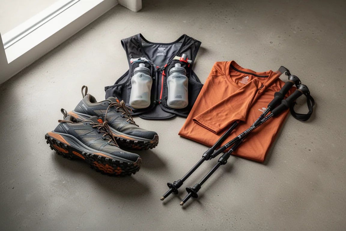 Trail running gear flat-lay including shoes, race vest, technical tee, and poles on concrete