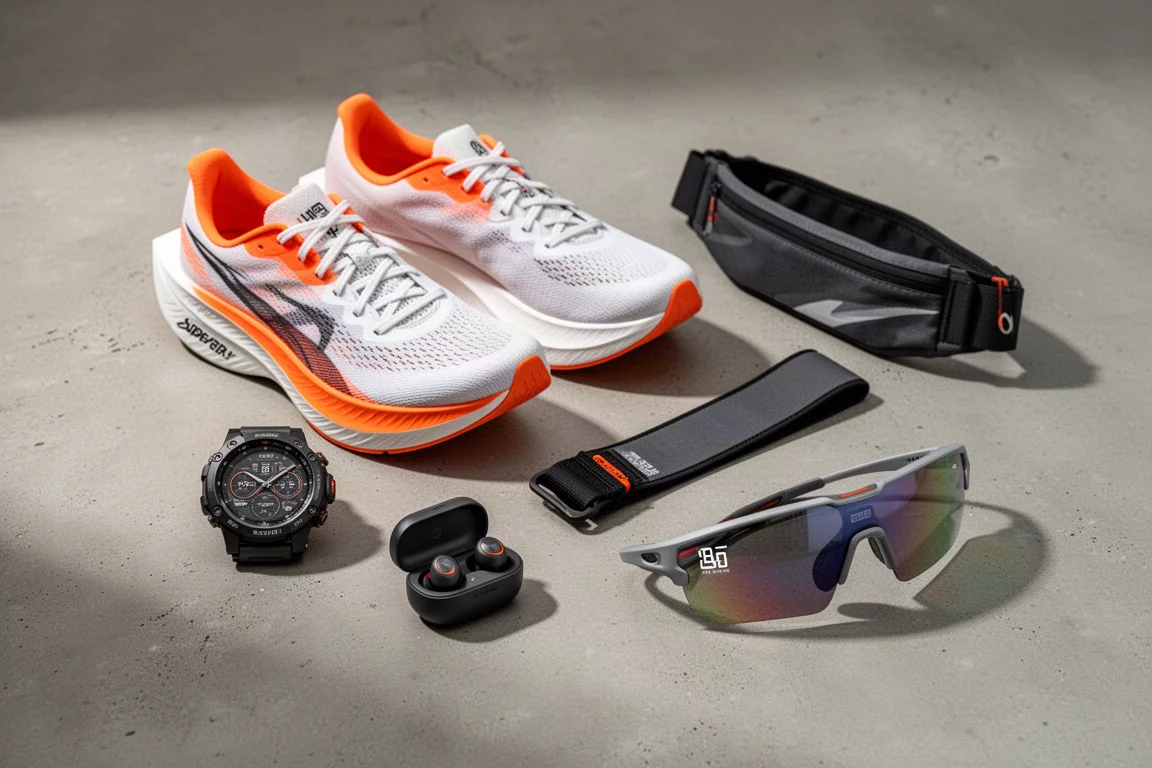 Flat-lay of running shoes, a sports watch, earbuds, a running belt and sports sunglasses on concrete