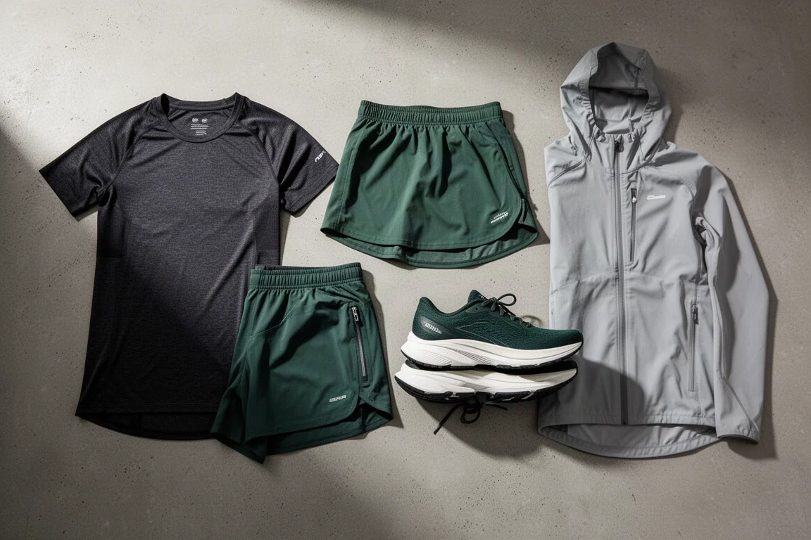 Flat-lay of a running t-shirt, shorts, racing shoe and light jacket on concrete