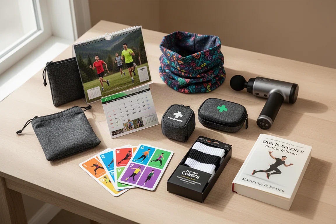 Flat-lay of eight small running gifts including a calendar, massage gun, socks, and book on a wooden surface