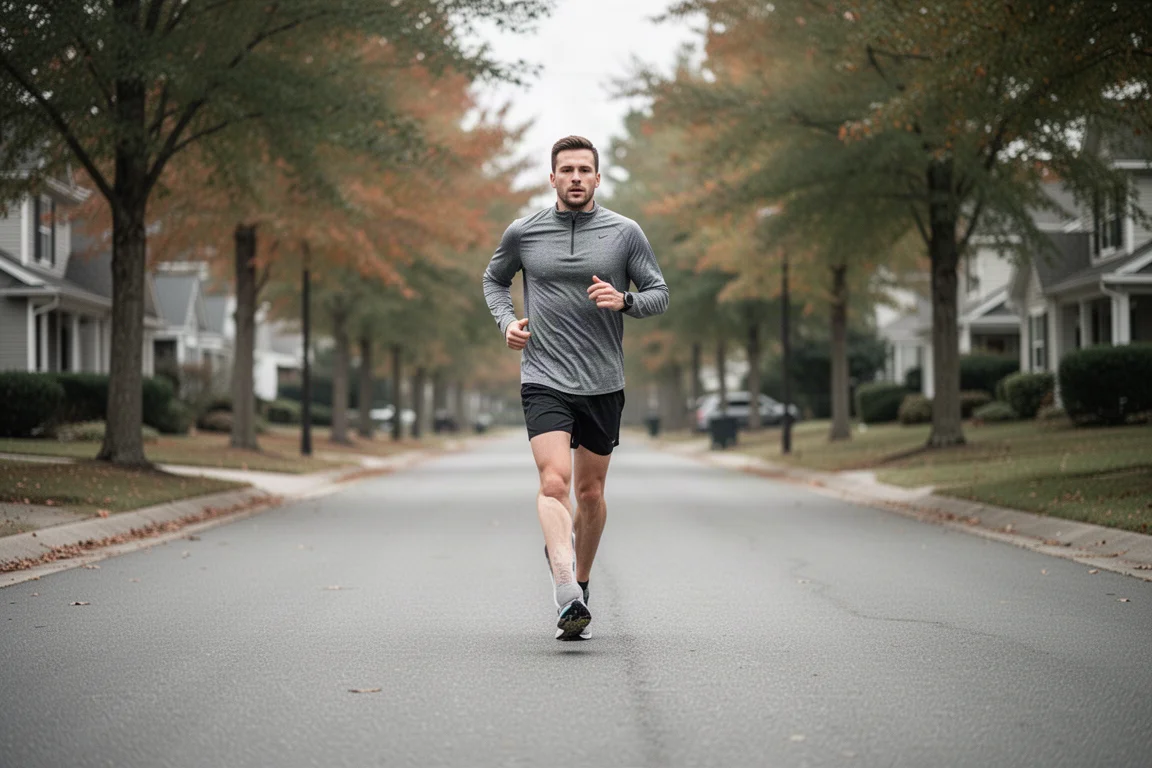 Runner in post-marathon recovery walking a quiet road in soft autumn light