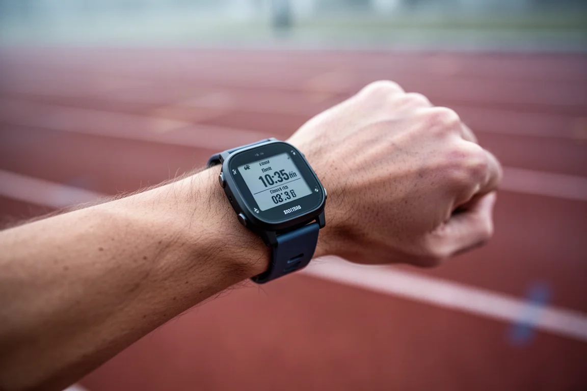 GPS watch on a wrist during an early morning track session