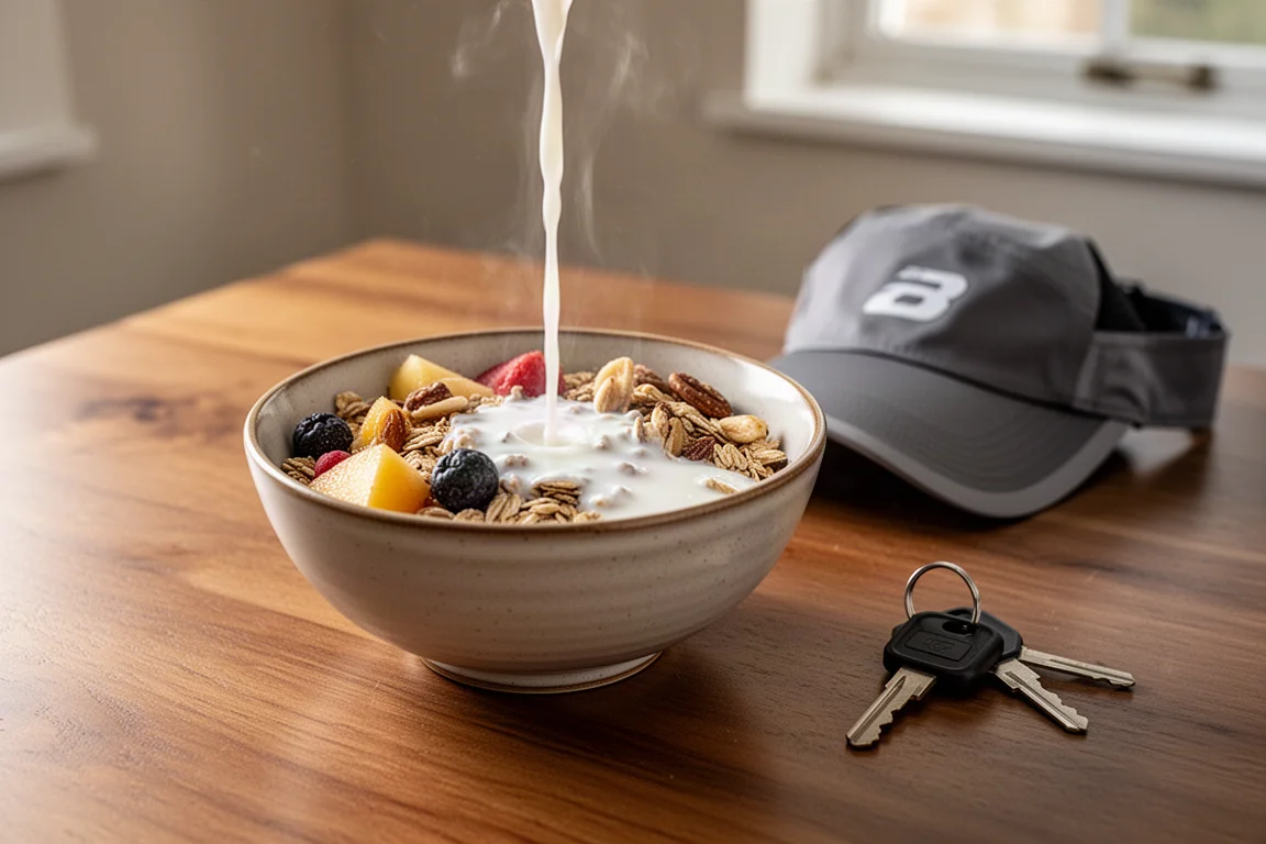 Bowl of fruit and nut muesli with milk on a wooden table after a run