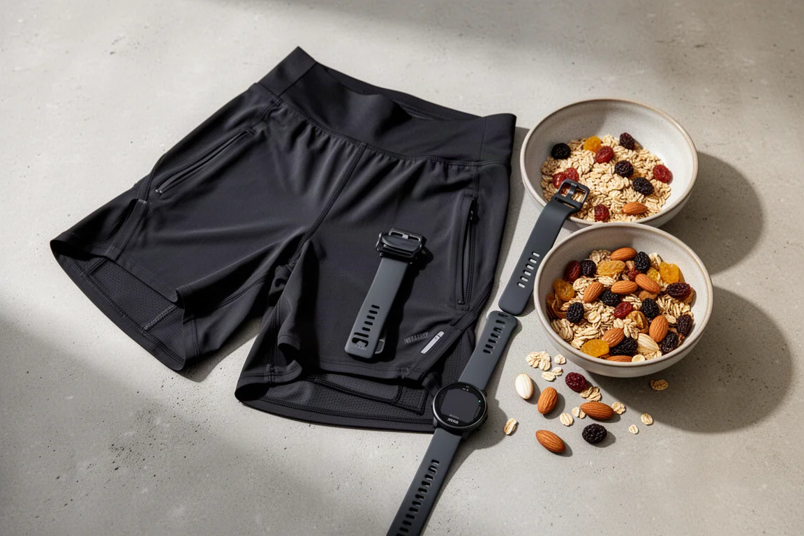 Flat-lay of running shorts, GPS watch and a bowl of fruit and nut muesli