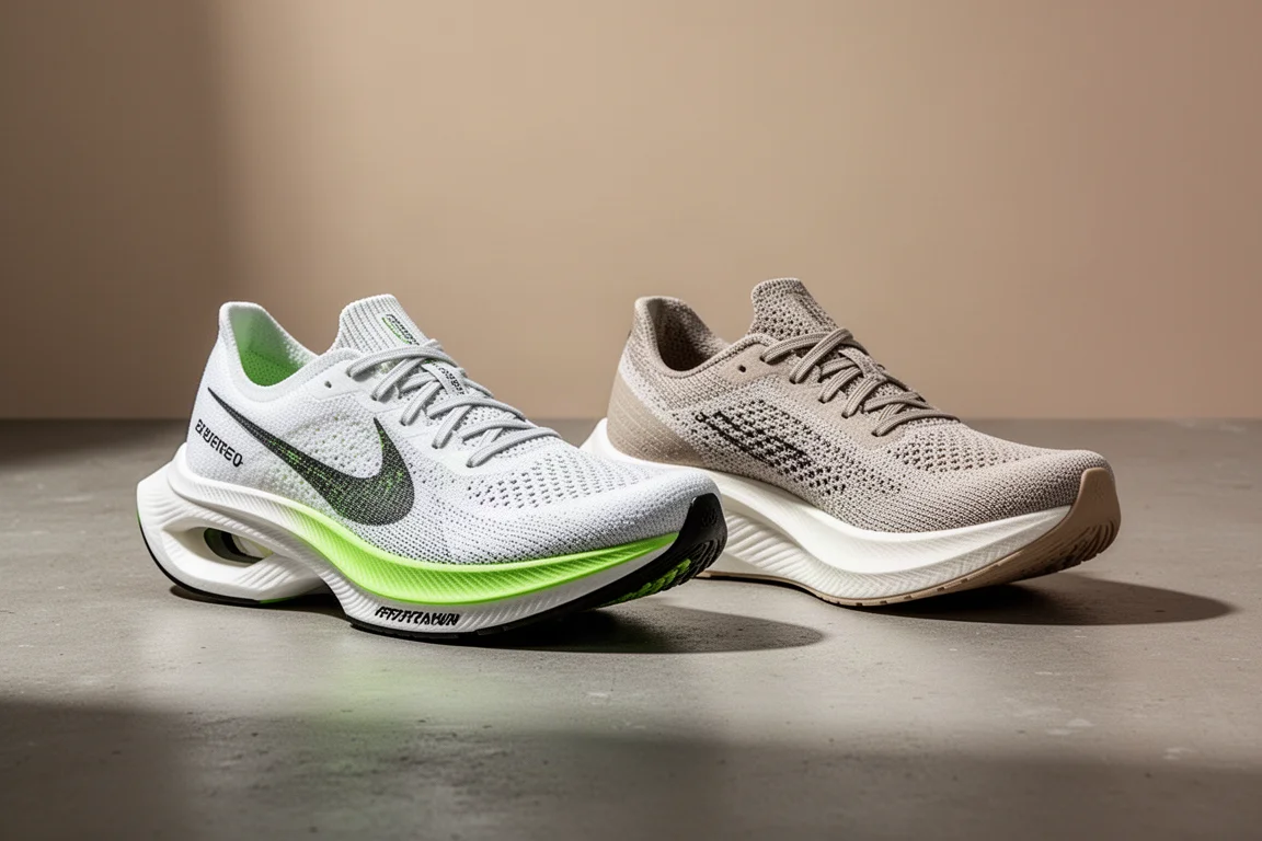 Two road running shoes side by side on a concrete surface