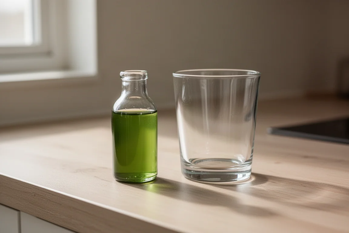Un runner versa una piccola bevanda verde in un bicchiere su un piano cucina