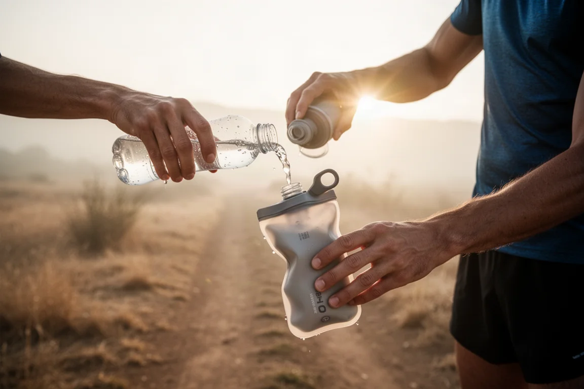 Un runner riempie una soft flask con bevanda elettrolitica prima di un allenamento caldo